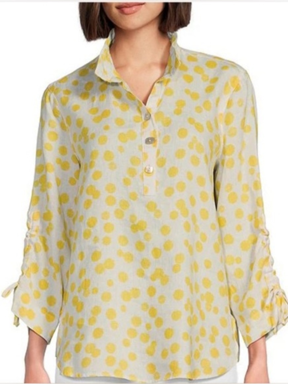 John mark linen Dot Print Collar 3/4 Sleeve Button Front blouse small petite SP